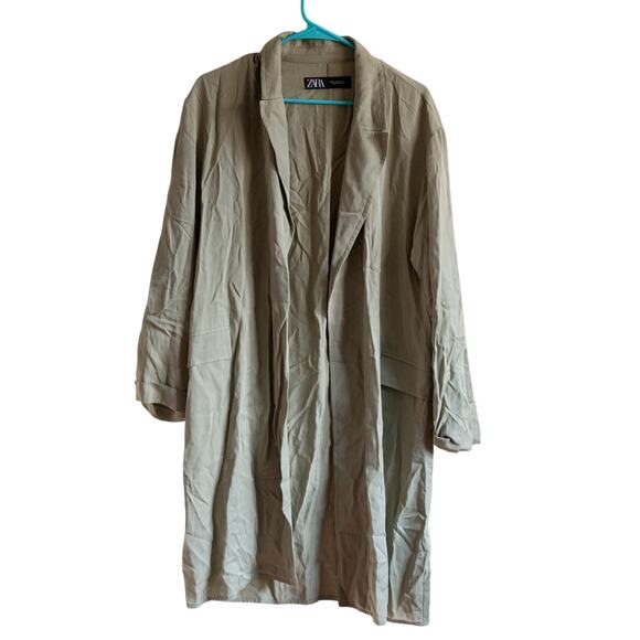 Zara Sz M 100% Lyocell Beige Khaki Tan Open Trench Coat Jacket Spring Pockets - Picture 1 of 5
